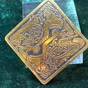 Brass Tone Black Carved Two Women In Love Square Pin Brooch